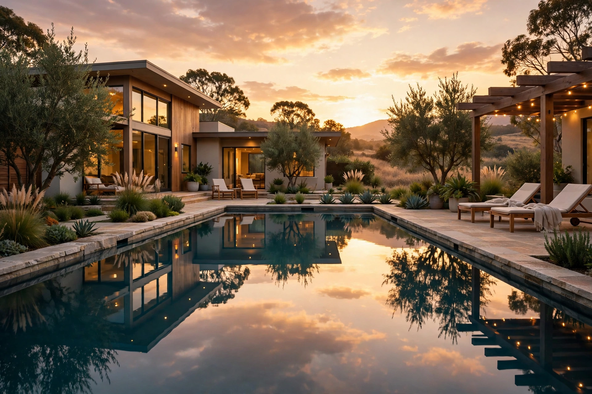 A calm pool at golden hour with mirror-like water